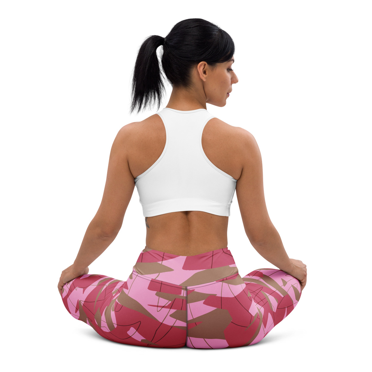 Timbre Deliciousness camouflage high-waisted yoga leggings, seated back view.