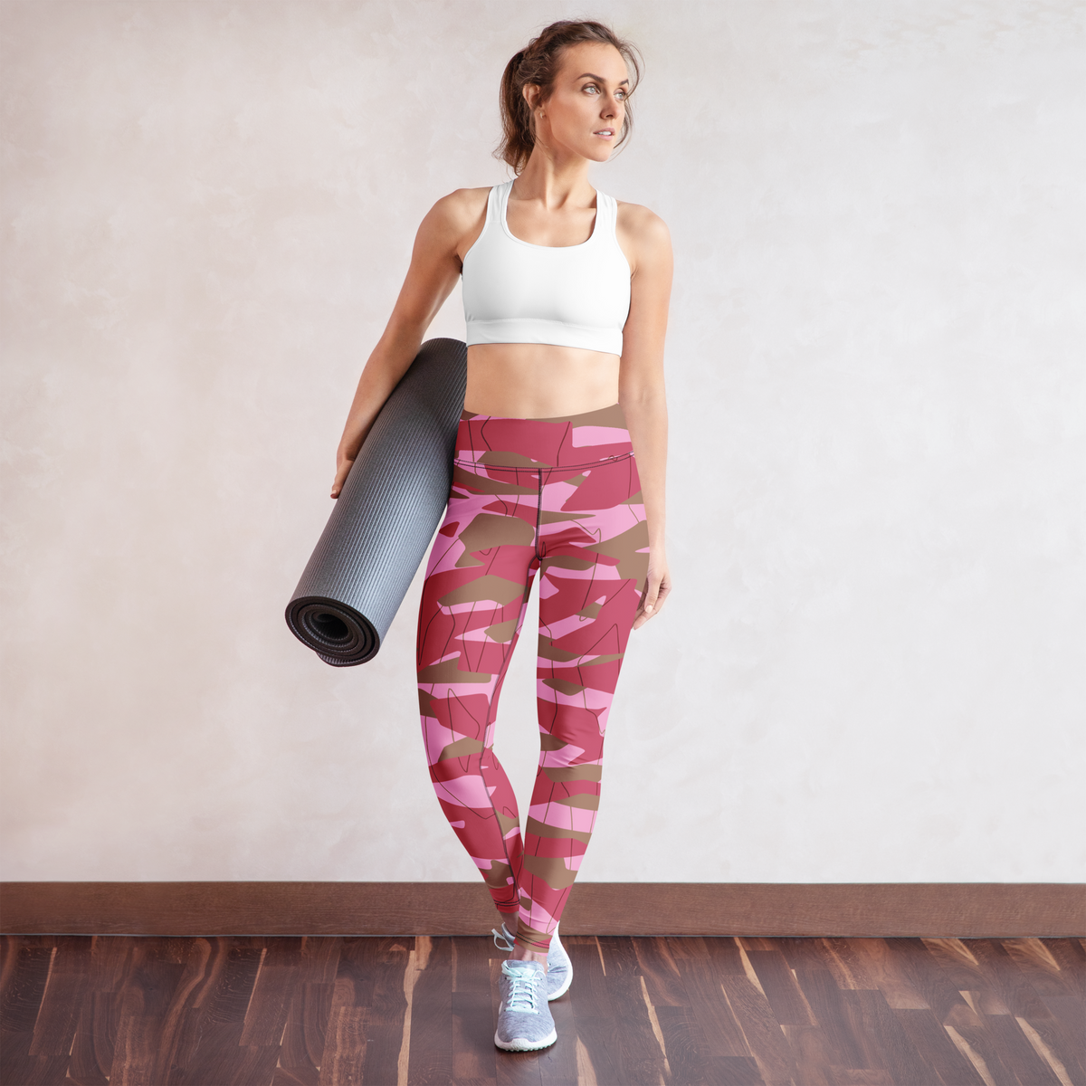 Timbre Deliciousness camouflage high-waisted yoga leggings, yoga lifestyle view.