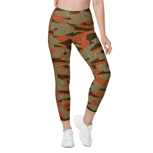 Timbre Fall & Autumn camouflage high-waisted pocket leggings, front view.