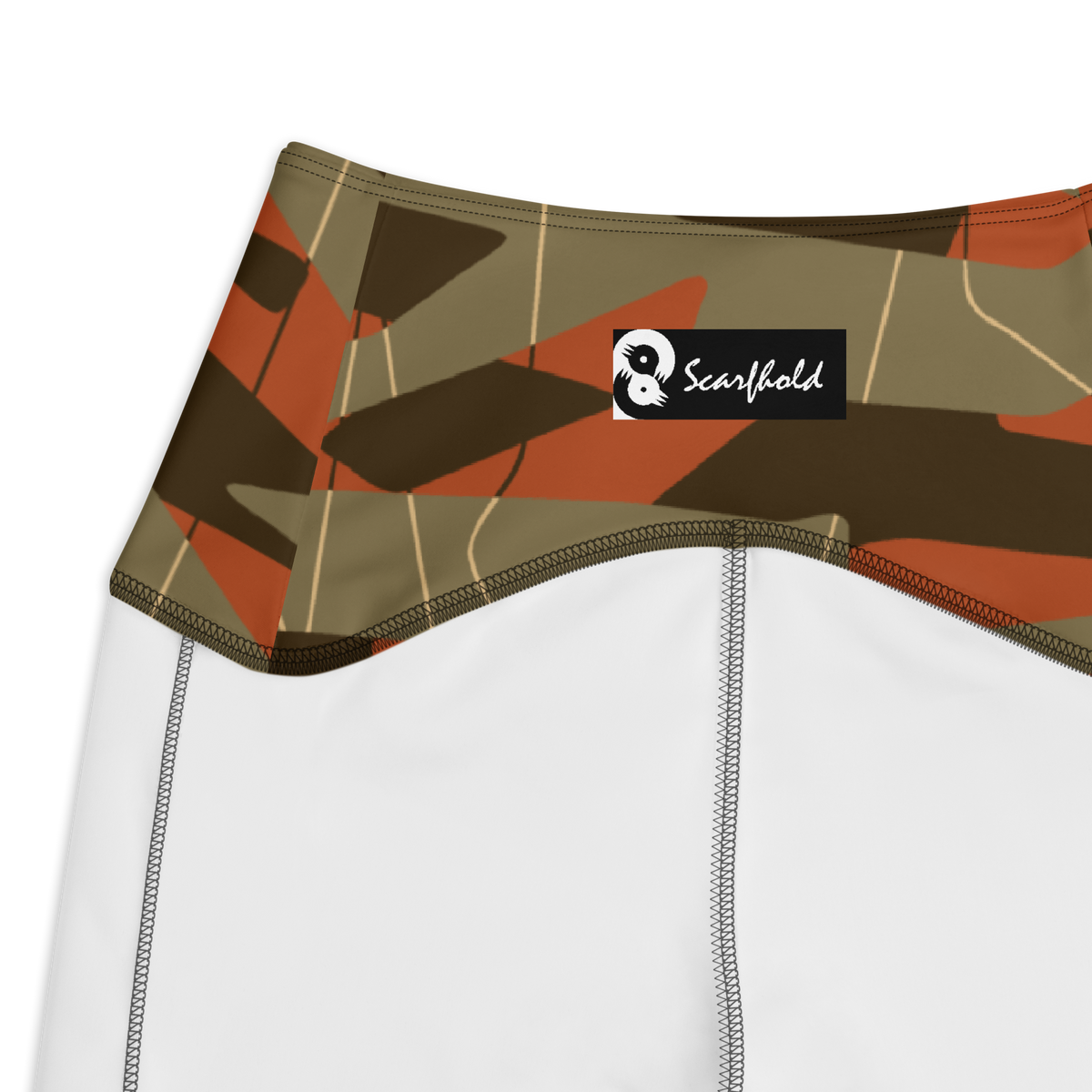 Timbre Fall & Autumn camouflage high-waisted pocket leggings, inside-label and construction detail.