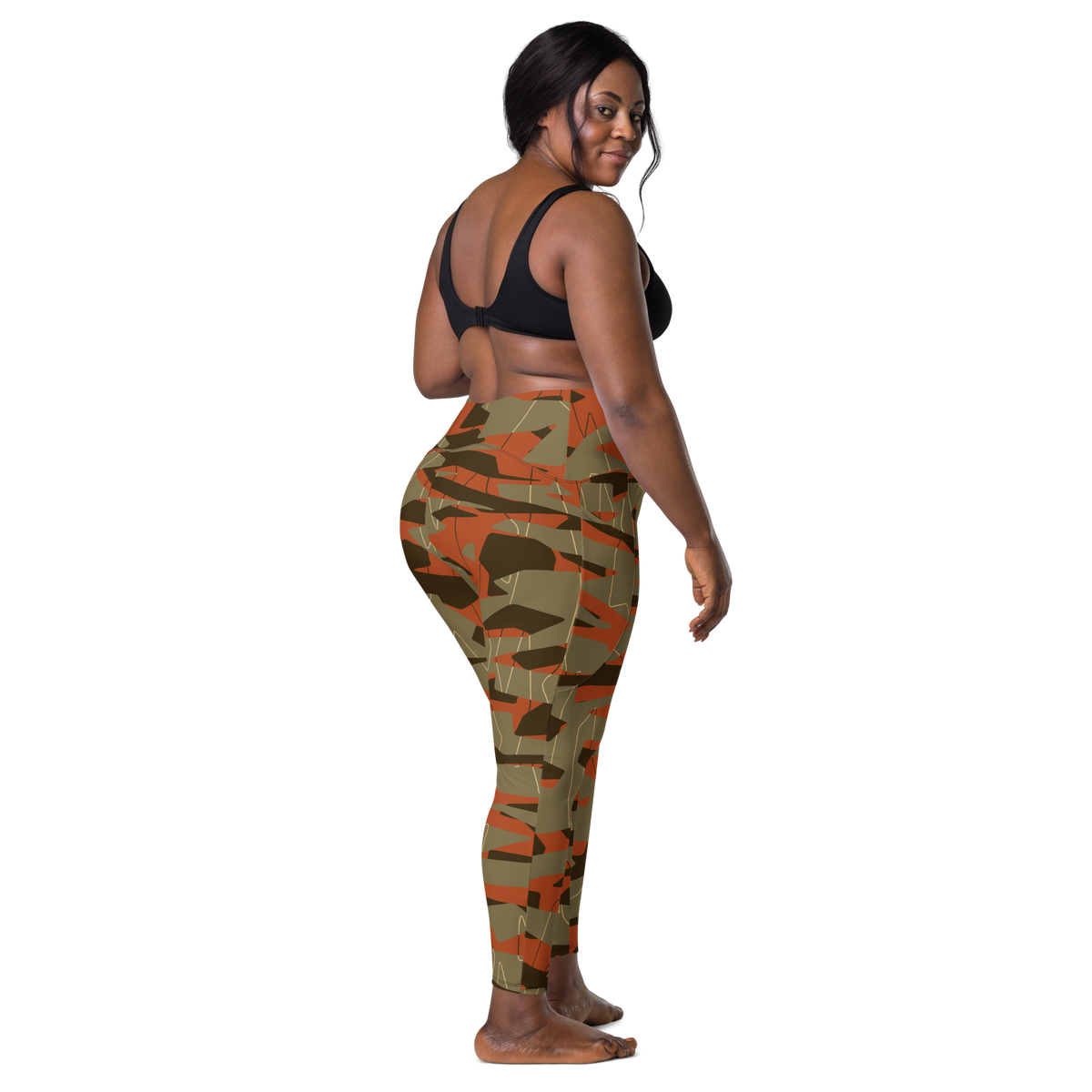 Timbre Fall & Autumn camouflage high-waisted pocket leggings, larger-model back view.