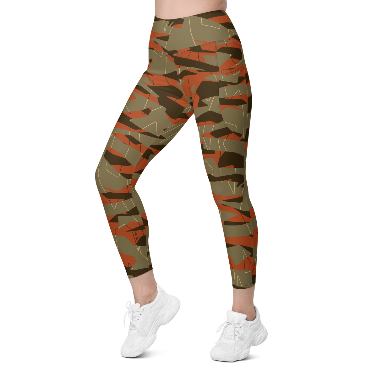 Timbre Fall & Autumn camouflage high-waisted pocket leggings, left-front view.