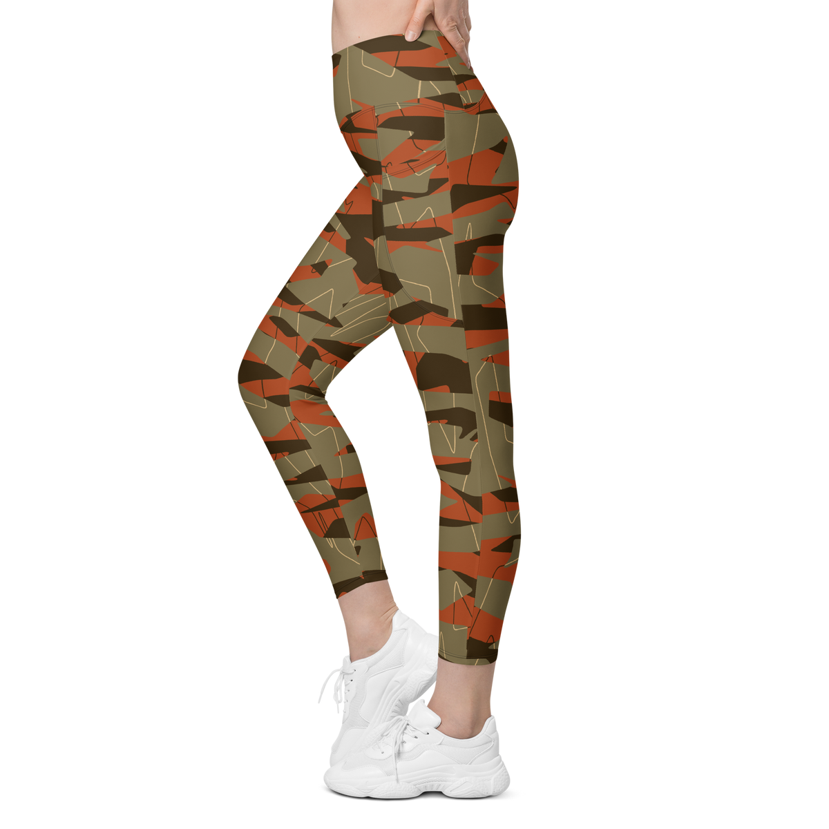 Timbre Fall & Autumn camouflage high-waisted pocket leggings, movement view.