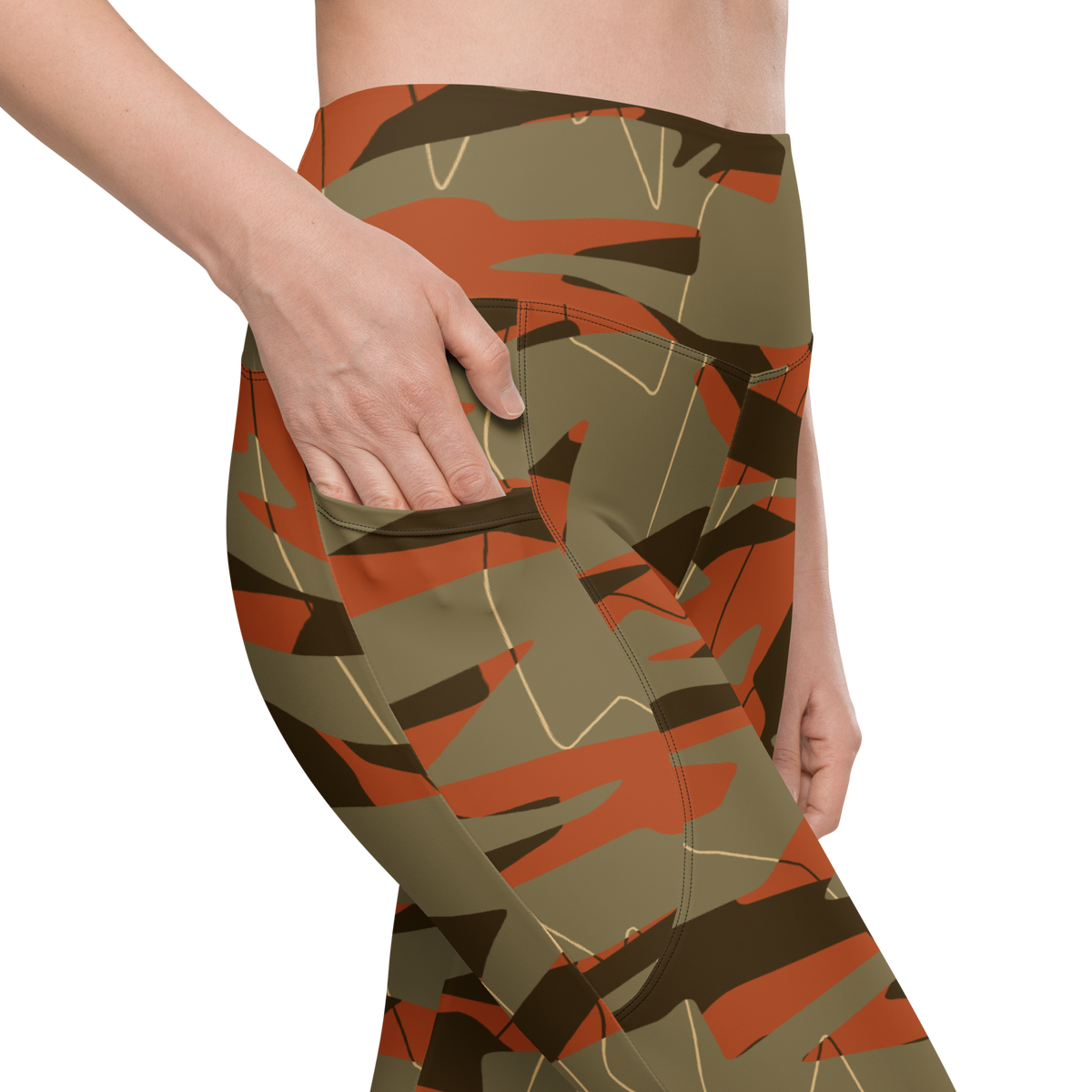 Timbre Fall & Autumn camouflage high-waisted pocket leggings, pocket detail.