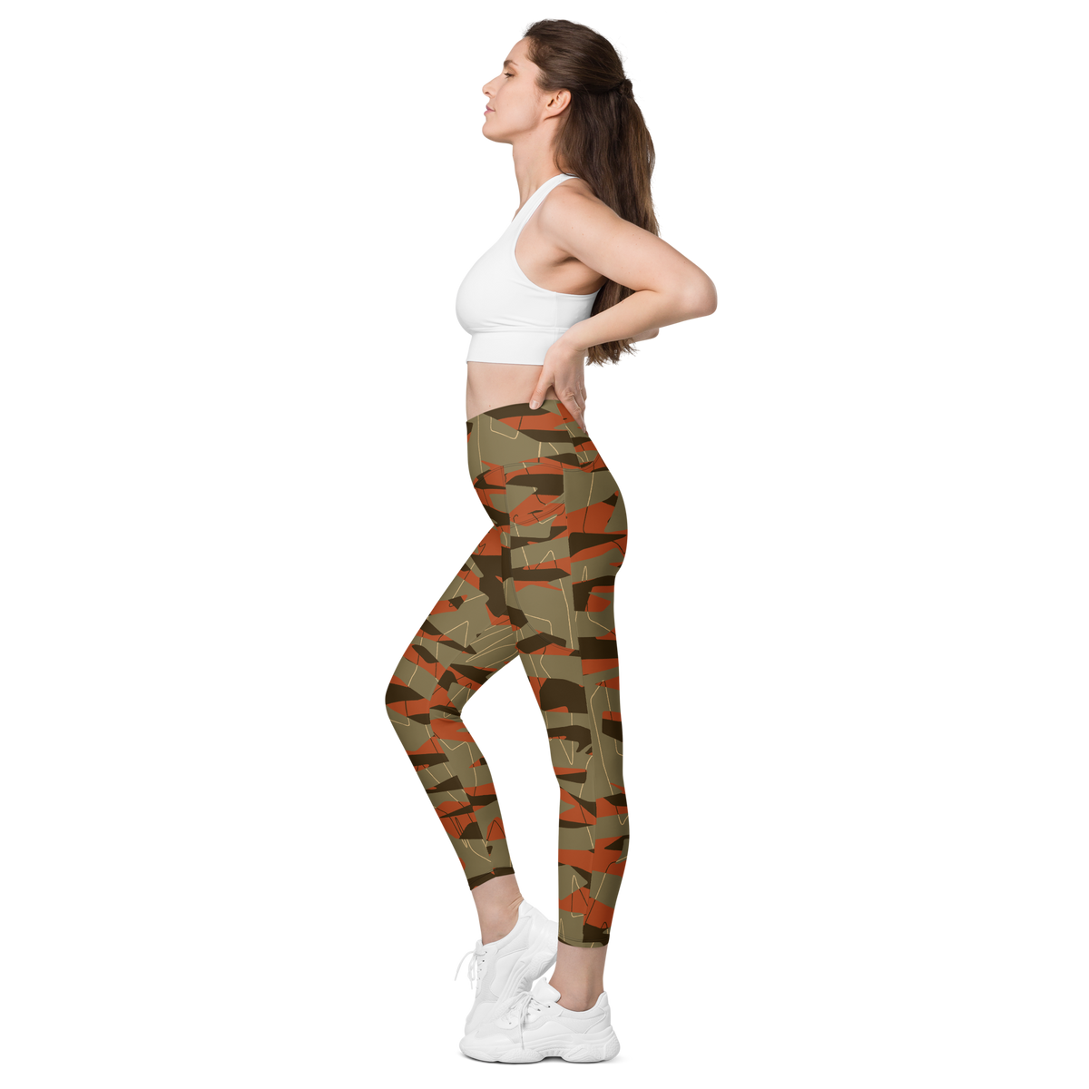 Timbre Fall & Autumn camouflage high-waisted pocket leggings, pocket-in-use view.