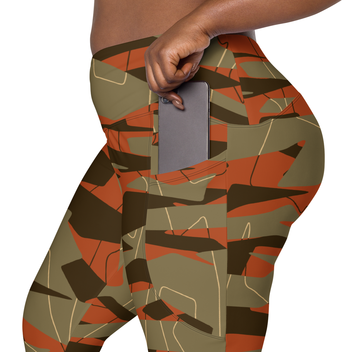 Timbre Fall & Autumn camouflage high-waisted pocket leggings, rear pocket detail.