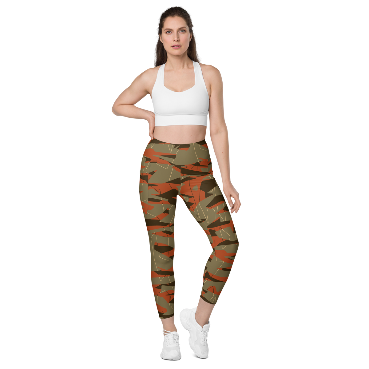 Timbre Fall & Autumn camouflage high-waisted pocket leggings, straight-front view.