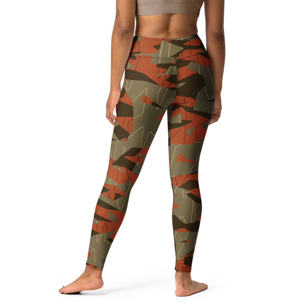 Timbre Fall & Autumn camouflage high-waisted yoga leggings, back view.