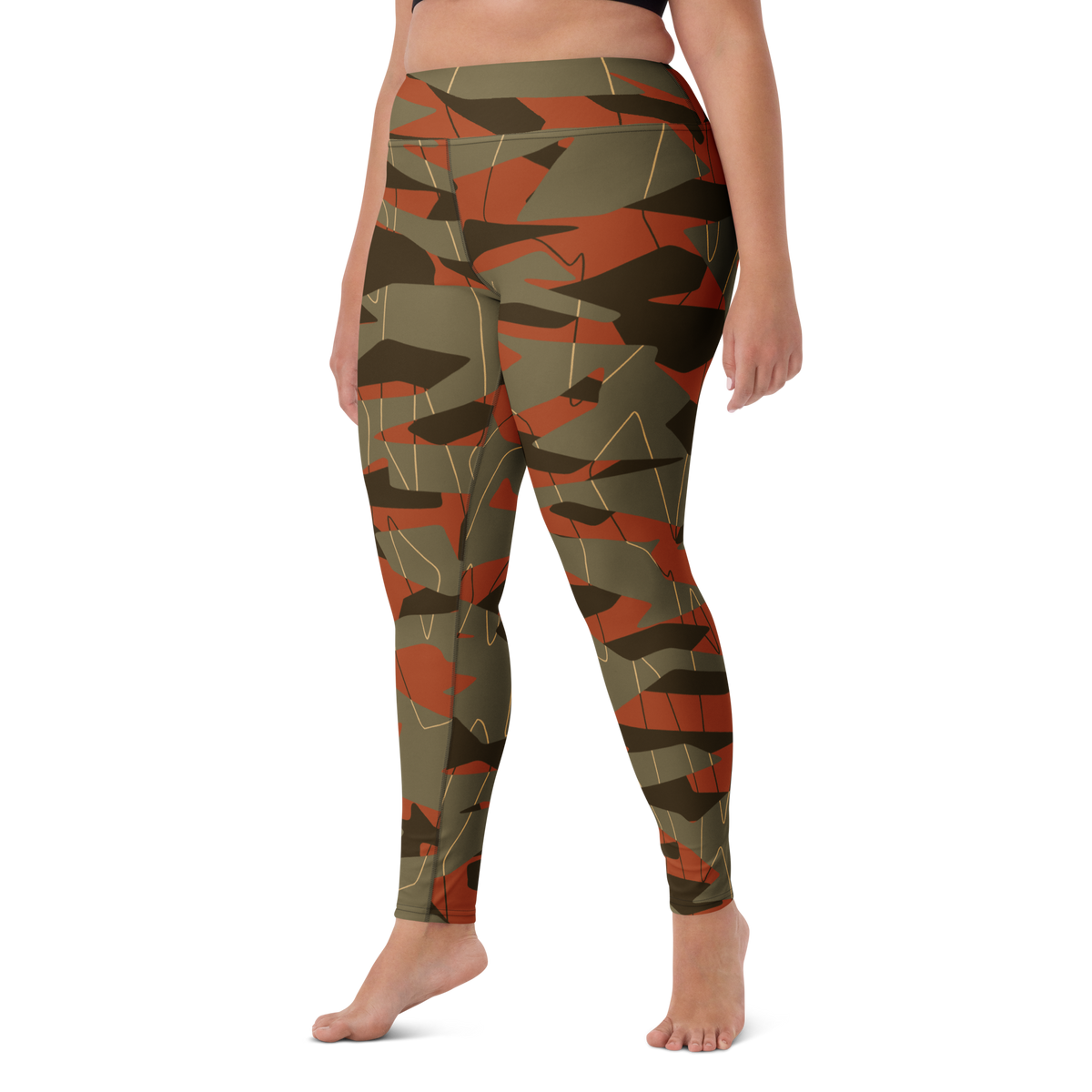 Timbre Fall & Autumn camouflage high-waisted yoga leggings, larger-model left-front view.