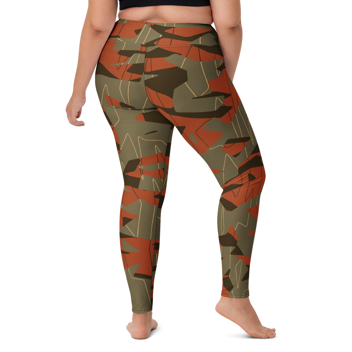 Timbre Fall & Autumn camouflage high-waisted yoga leggings, larger-model right-back view.