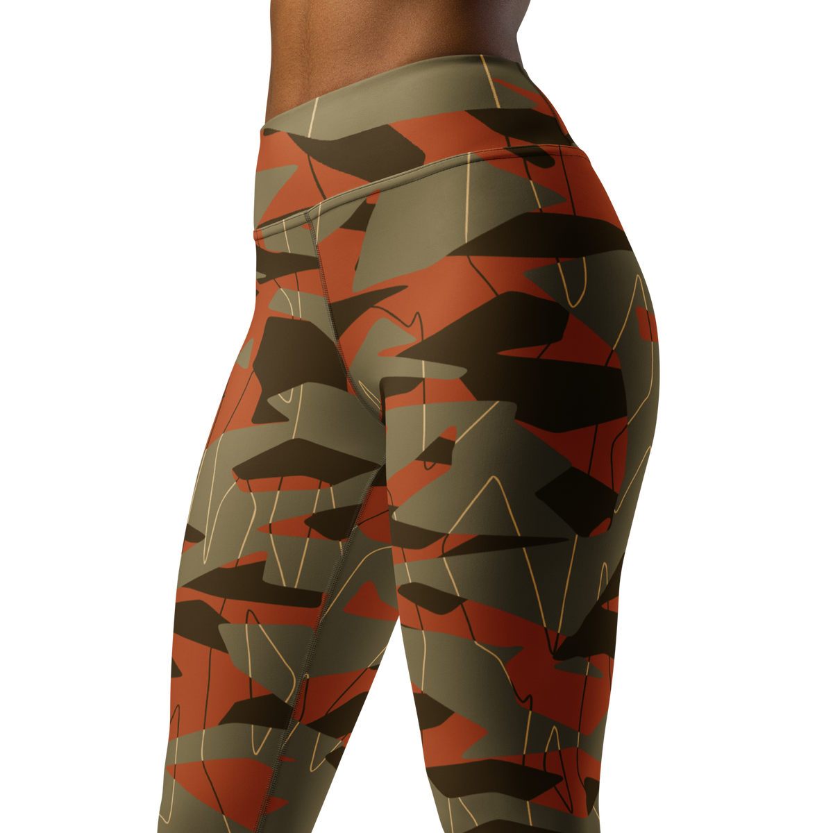 Timbre Fall & Autumn camouflage high-waisted yoga leggings, close pattern view.