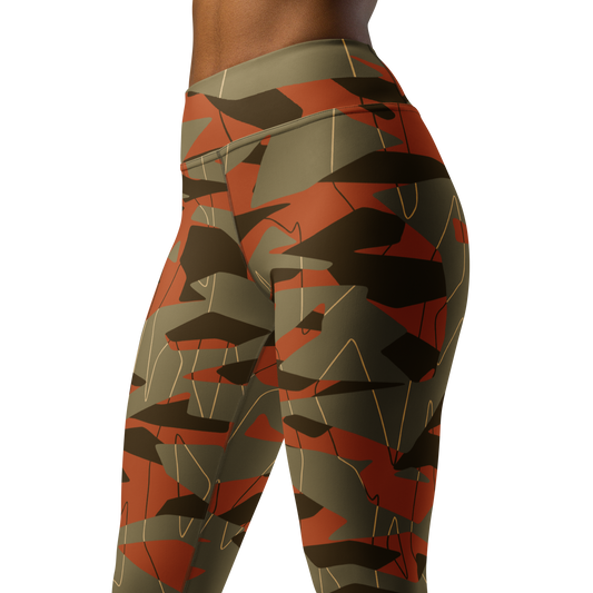 Timbre Fall & Autumn camouflage high-waisted yoga leggings, close pattern view.