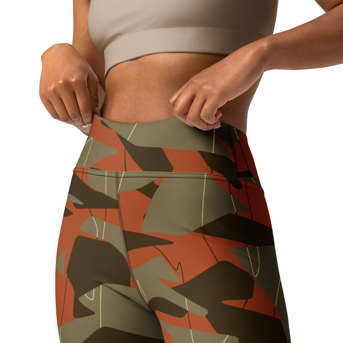 Timbre Fall & Autumn camouflage high-waisted yoga leggings, waistband and construction detail.