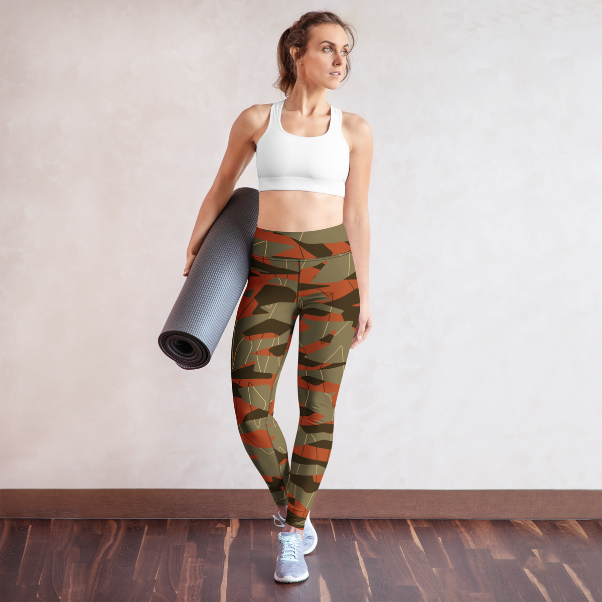 Timbre Fall & Autumn camouflage high-waisted yoga leggings, yoga lifestyle view.