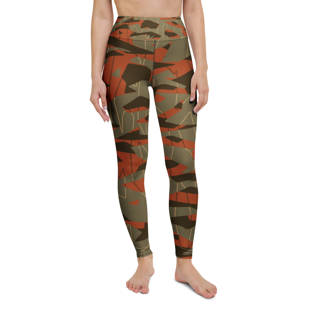 Timbre · Fall & Autumn high-waisted yoga leggings, straight front view, barefoot.