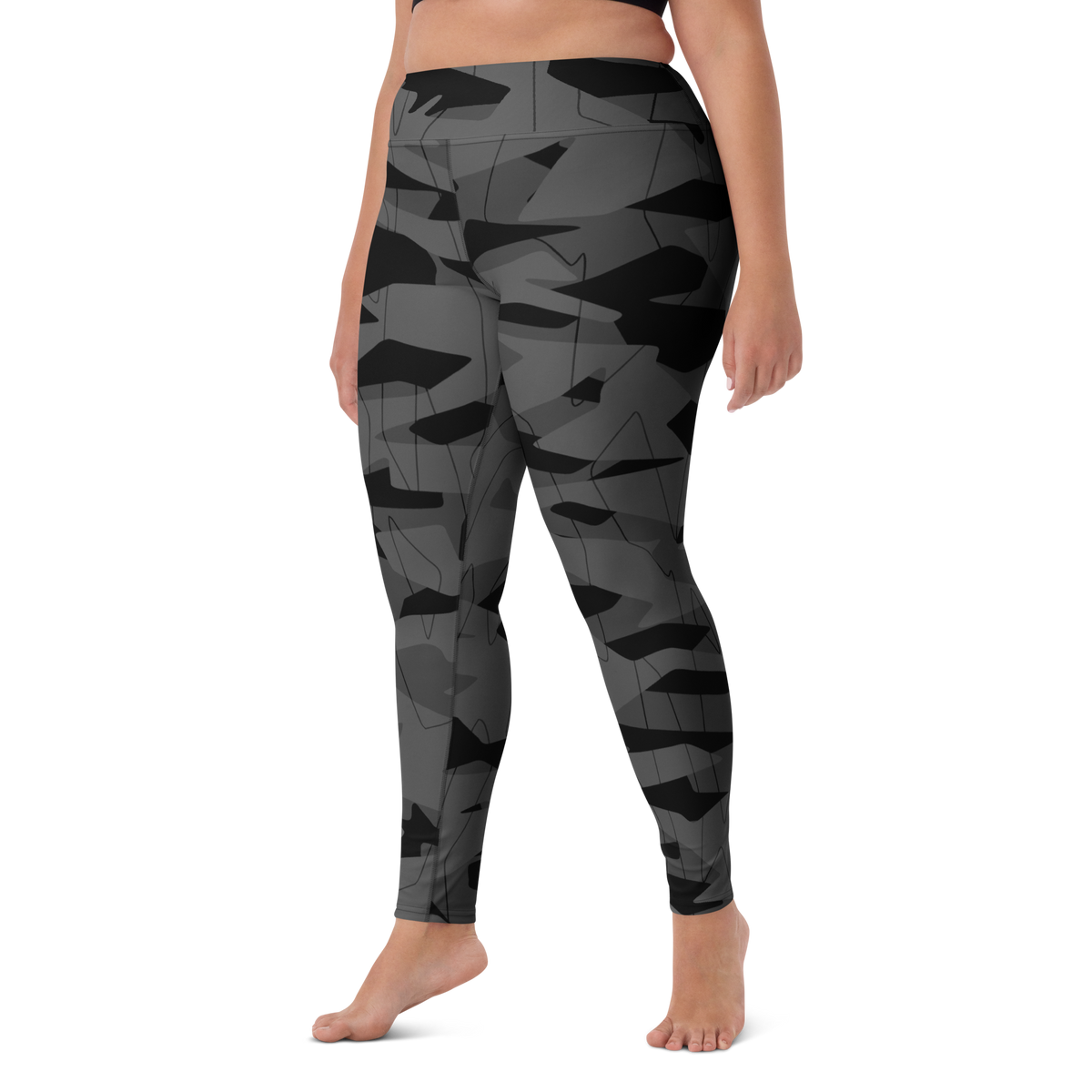 Timbre Greyscale 1 camouflage high-waisted yoga leggings, larger-model left-front view.