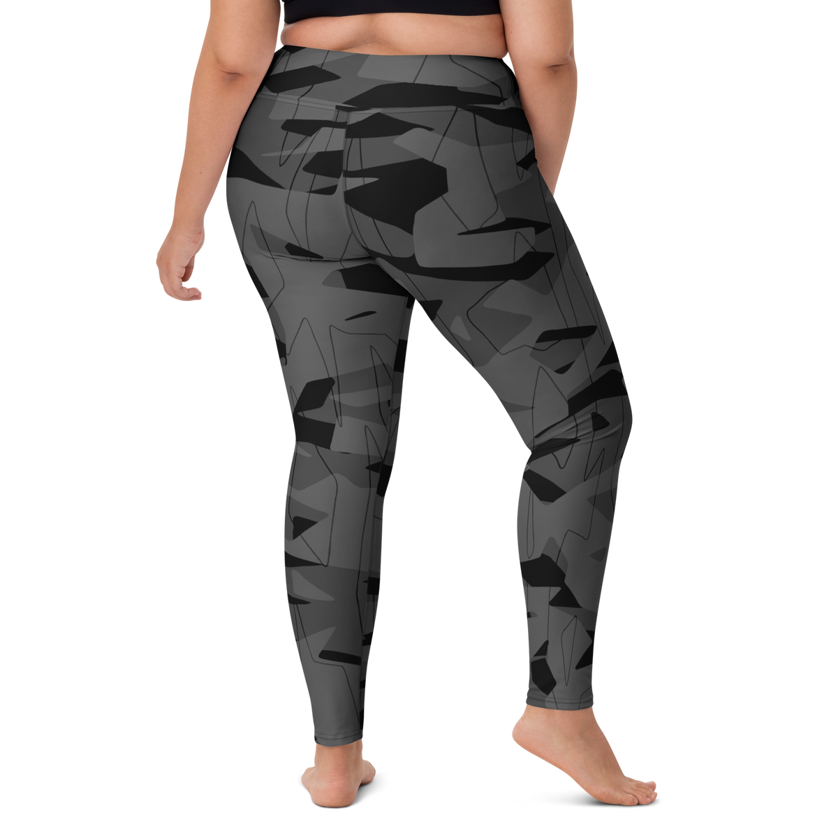 Timbre Greyscale 1 camouflage high-waisted yoga leggings, larger-model right-back view.