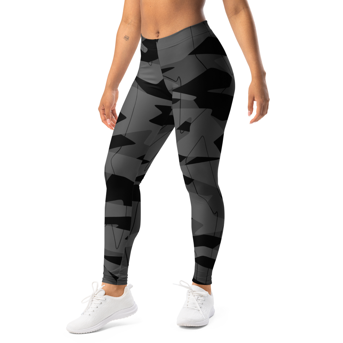Timbre Greyscale 1 camouflage mid-rise comfort leggings, left-front view.