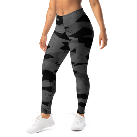 Timbre Greyscale 1 camouflage mid-rise comfort leggings, left-front view.