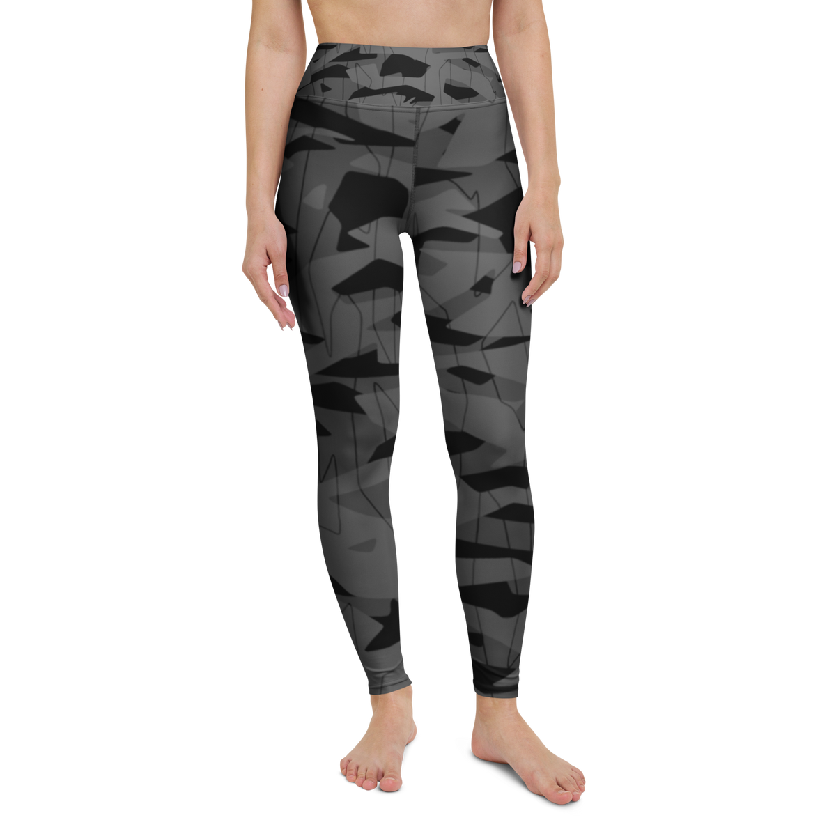 Timbre · Greyscale · 1 high-waisted yoga leggings, straight front view, barefoot.