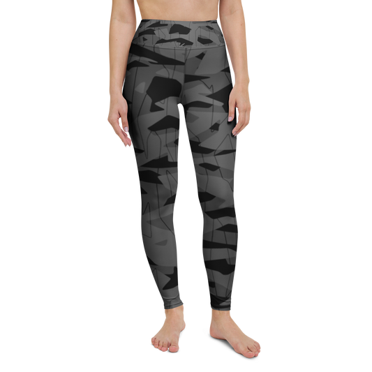 Timbre · Greyscale · 1 high-waisted yoga leggings, straight front view, barefoot.