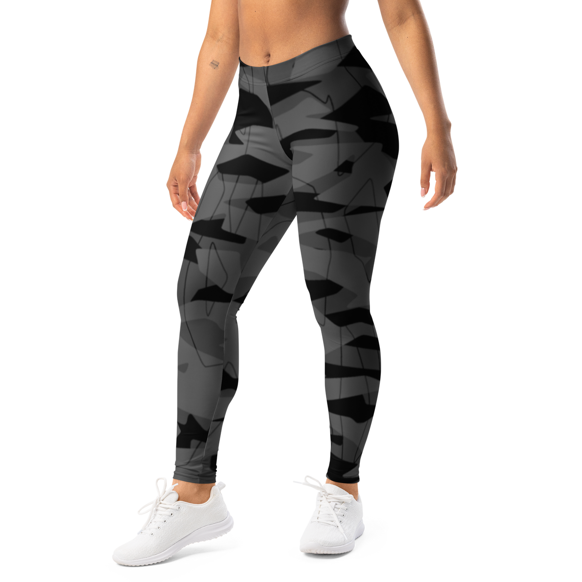 Timbre · Greyscale · 1 mid-rise everyday leggings, left-front view.