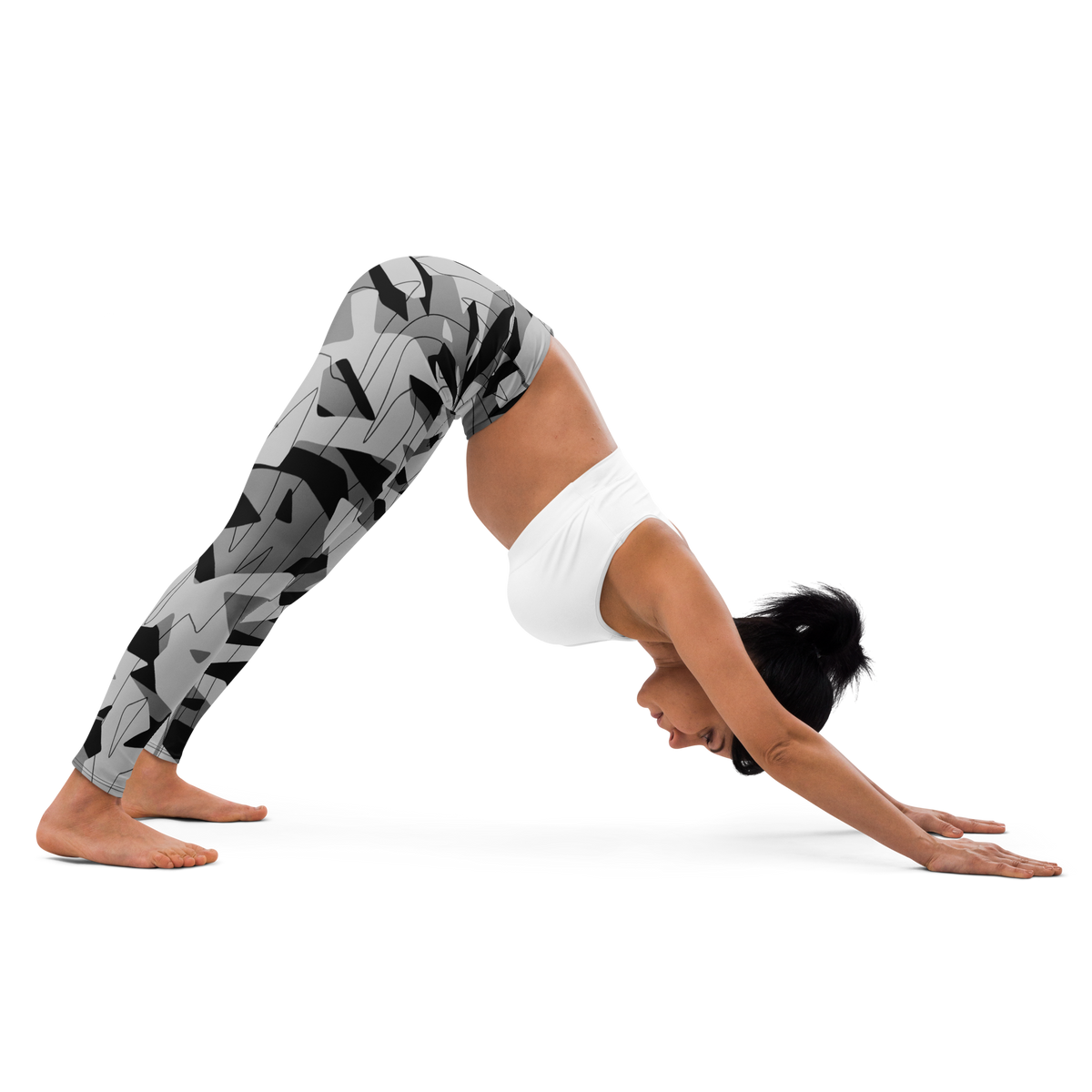 Timbre Greyscale 3 camouflage high-waisted yoga leggings, downward-dog stretch view.