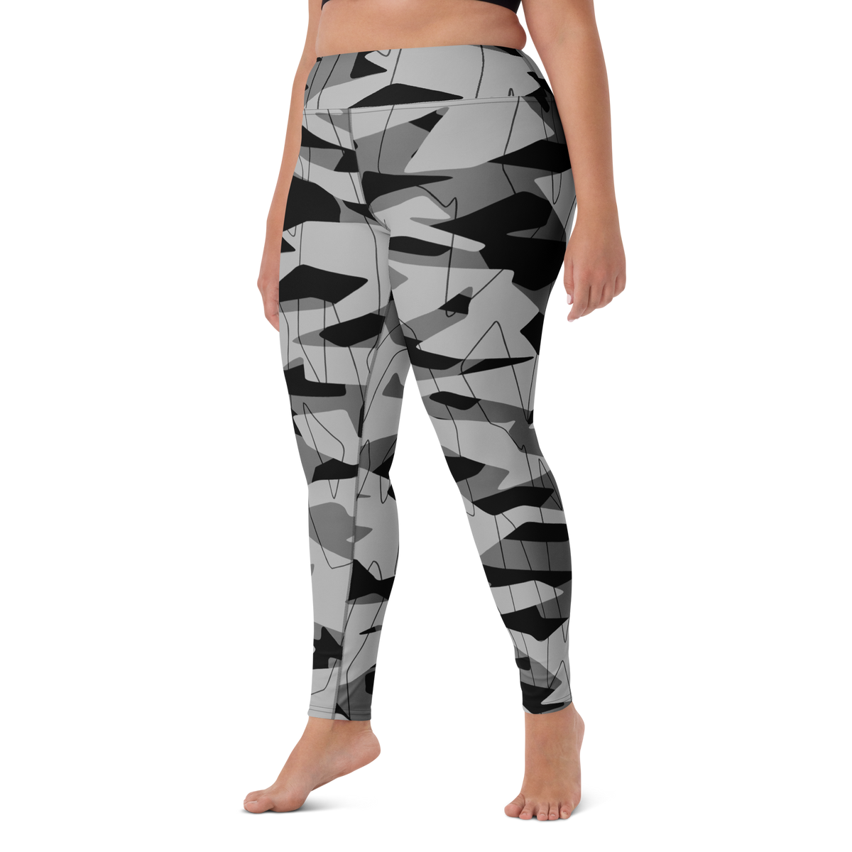 Timbre Greyscale 3 camouflage high-waisted yoga leggings, larger-model left-front view.