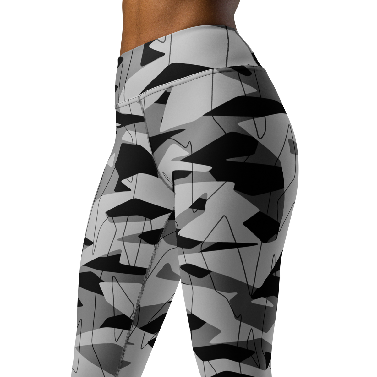 Timbre Greyscale 3 camouflage high-waisted yoga leggings, close pattern view.