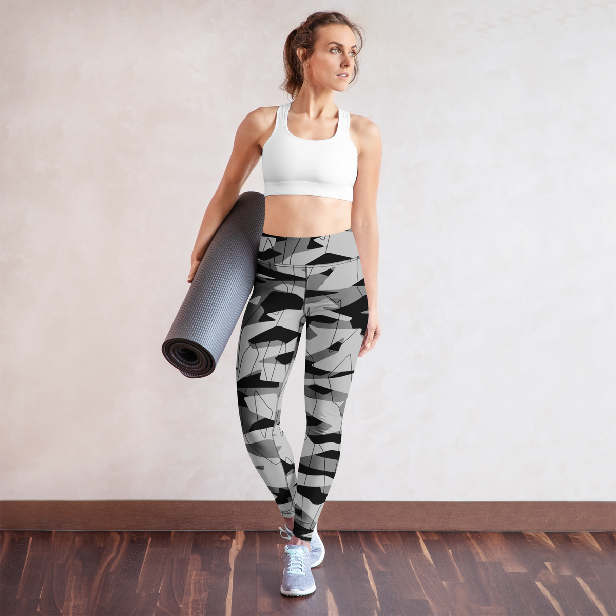 Timbre Greyscale 3 camouflage high-waisted yoga leggings, yoga lifestyle view.