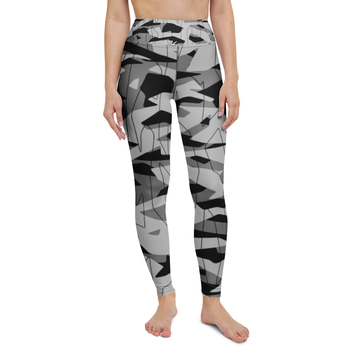 Timbre · Greyscale · 3 high-waisted yoga leggings, straight front view, barefoot.