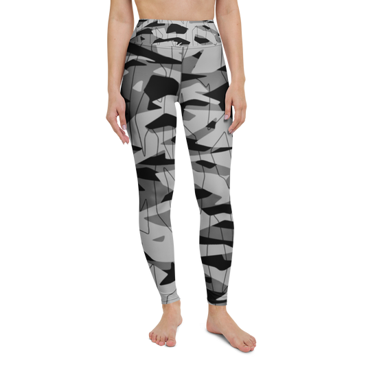 Timbre · Greyscale · 3 high-waisted yoga leggings, straight front view, barefoot.