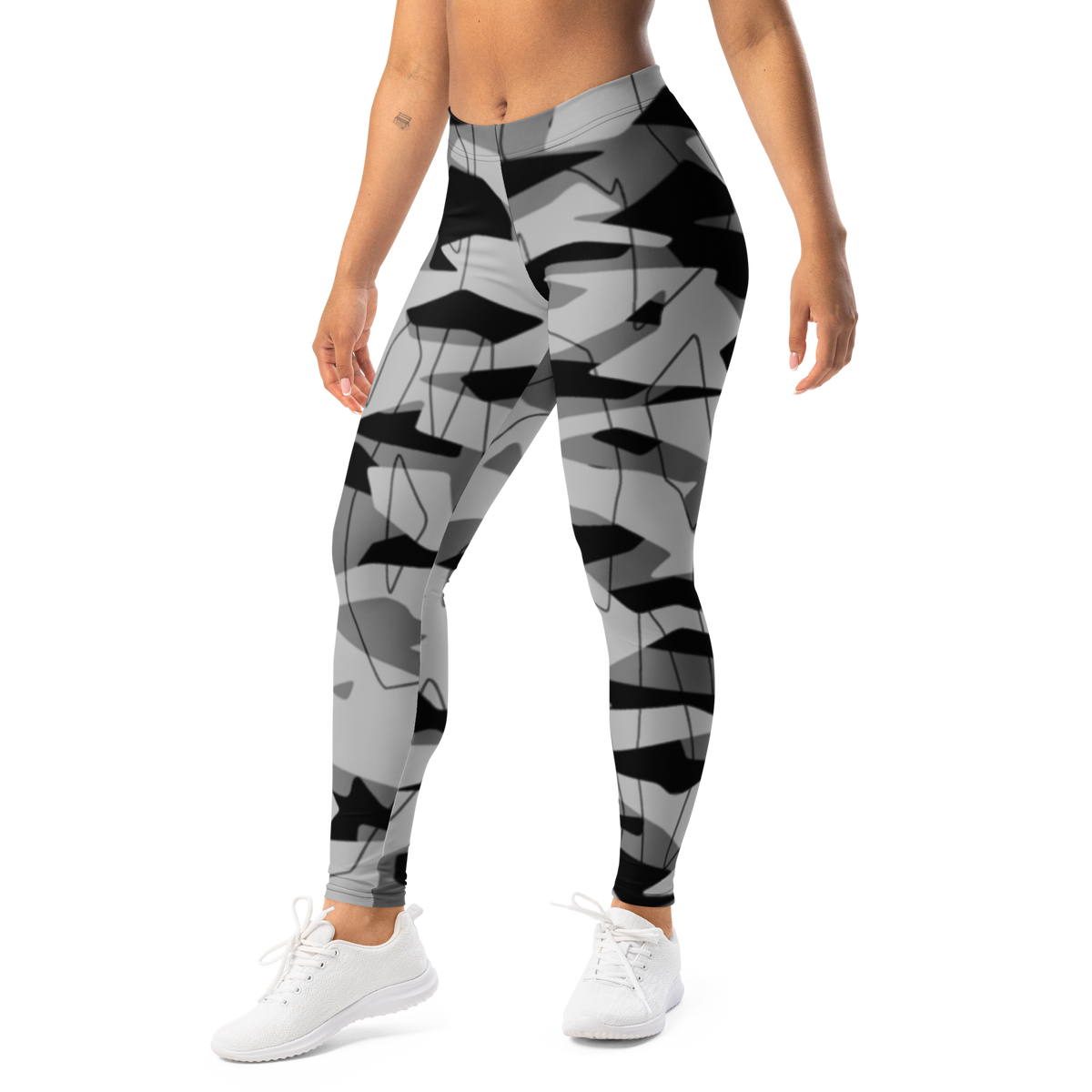 Timbre · Greyscale · 3 mid-rise everyday leggings, left-front view.