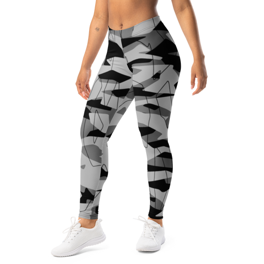 Timbre · Greyscale · 3 mid-rise everyday leggings, left-front view.