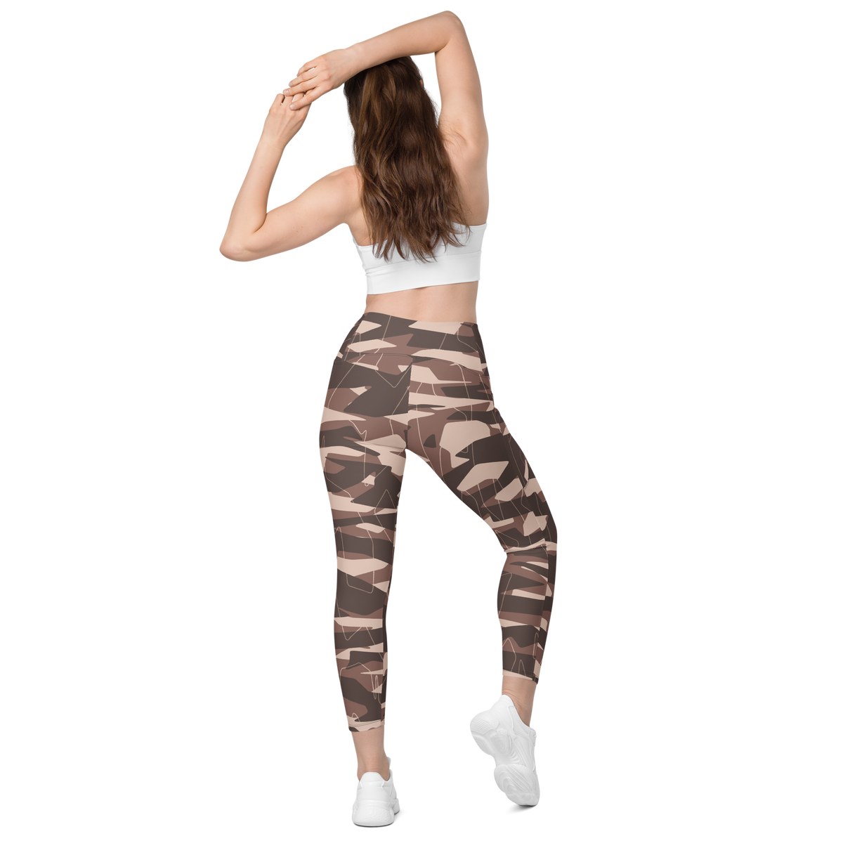 Timbre Relaxed Elegance camouflage high-waisted pocket leggings, back view.