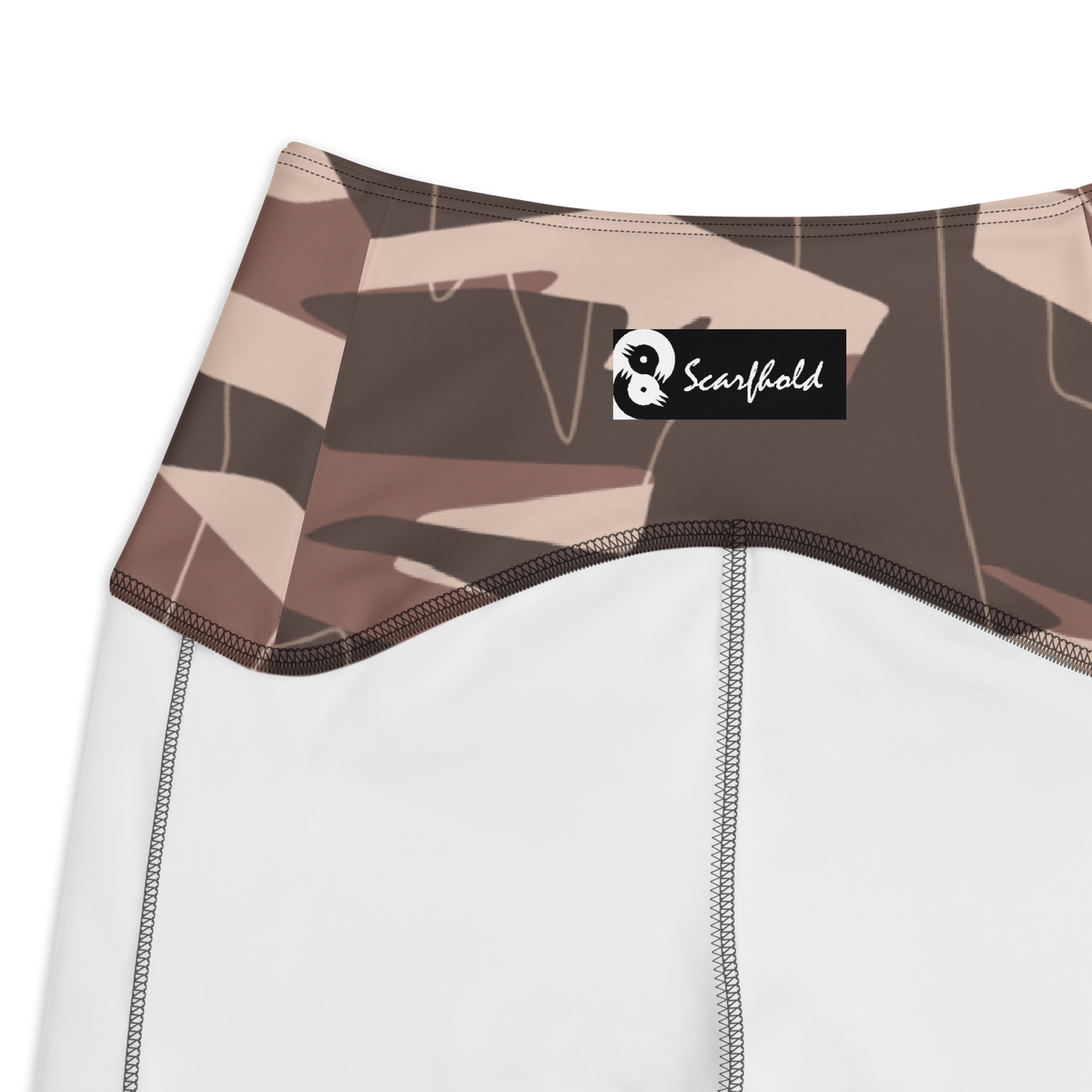 Timbre Relaxed Elegance camouflage high-waisted pocket leggings, inside-label and construction detail.