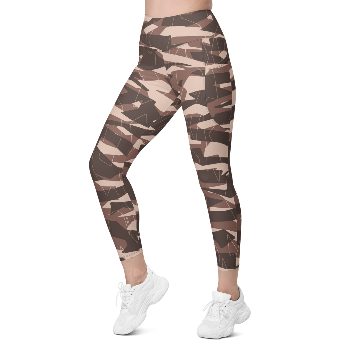 Timbre Relaxed Elegance camouflage high-waisted pocket leggings, left-front view.