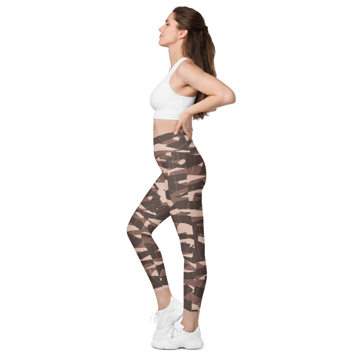 Timbre Relaxed Elegance camouflage high-waisted pocket leggings, pocket-in-use view.