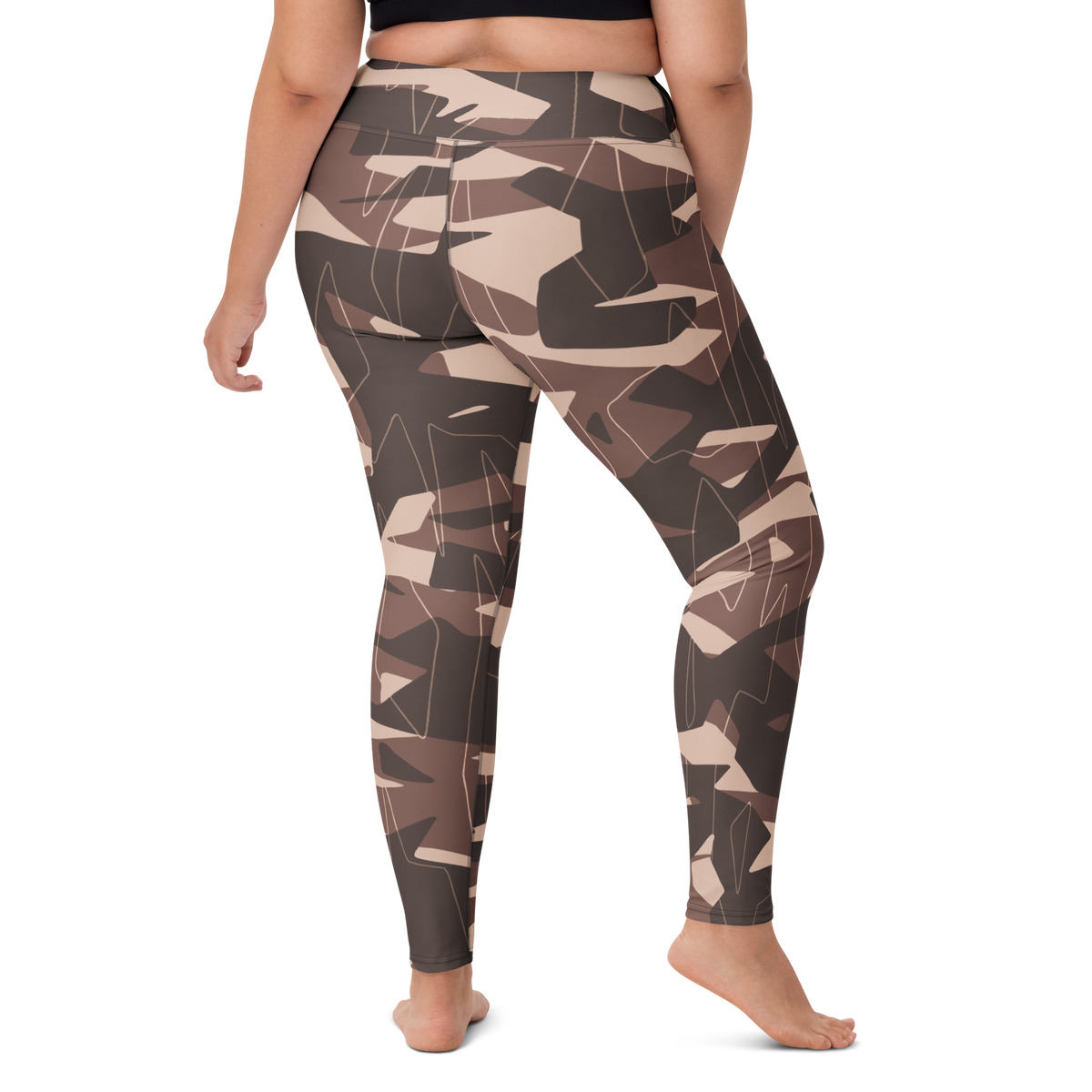 Timbre Relaxed Elegance camouflage high-waisted yoga leggings, larger-model right-back view.
