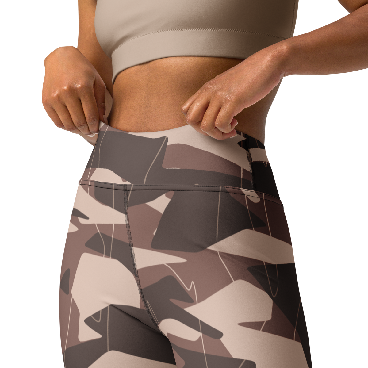 Timbre Relaxed Elegance camouflage high-waisted yoga leggings, waistband and construction detail.