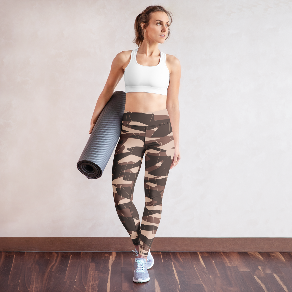 Timbre Relaxed Elegance camouflage high-waisted yoga leggings, yoga lifestyle view.