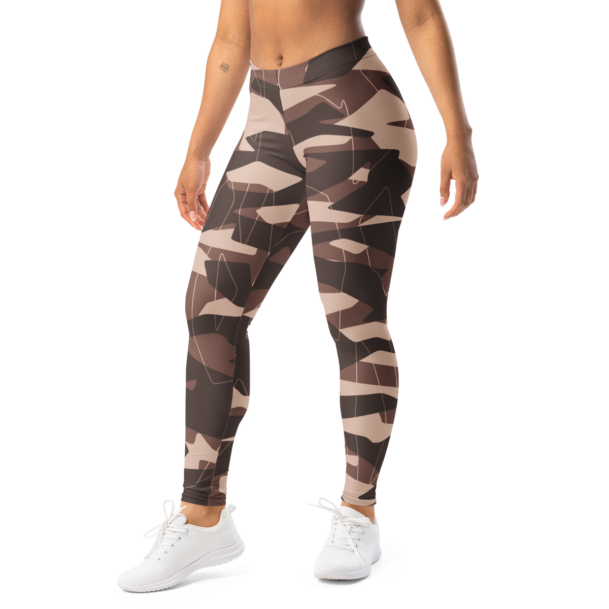 Timbre Relaxed Elegance camouflage mid-rise comfort leggings, left-front view.