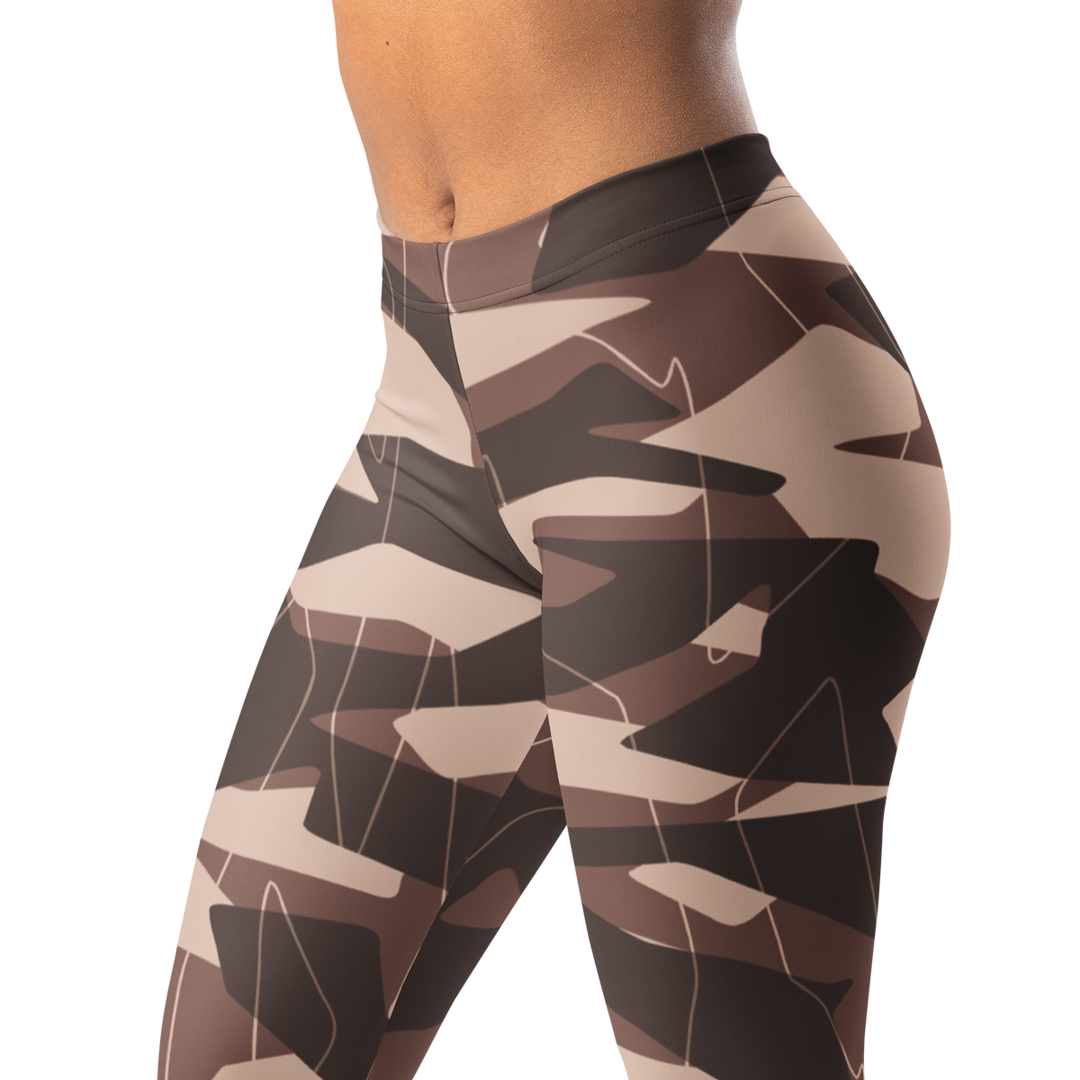 Timbre Relaxed Elegance camouflage mid-rise comfort leggings, waistband and pattern detail.