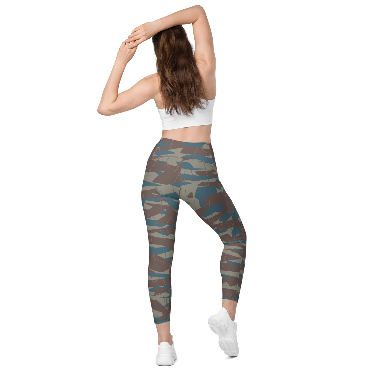 Timbre Subtle Contrasts camouflage high-waisted pocket leggings, back view.