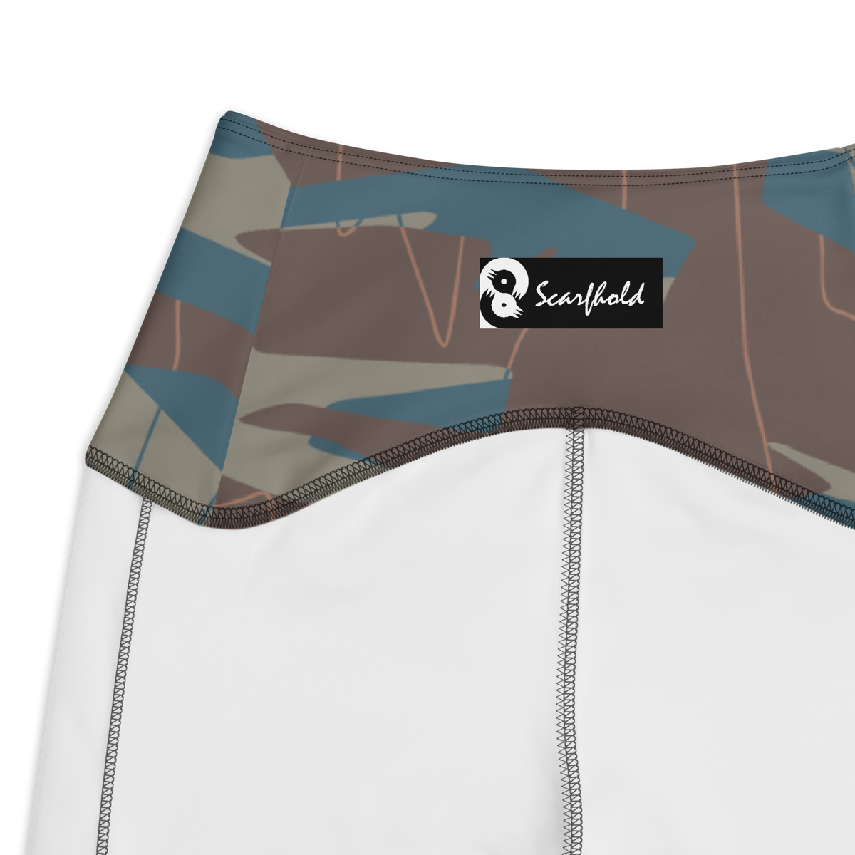 Timbre Subtle Contrasts camouflage high-waisted pocket leggings, inside-label and construction detail.
