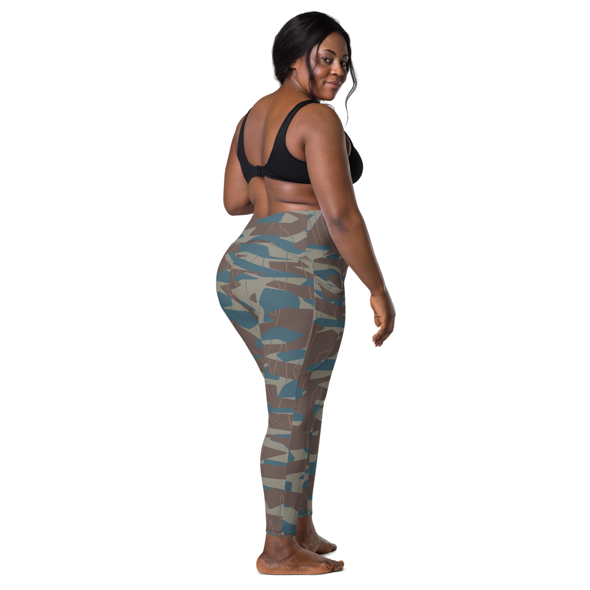 Timbre Subtle Contrasts camouflage high-waisted pocket leggings, larger-model back view.