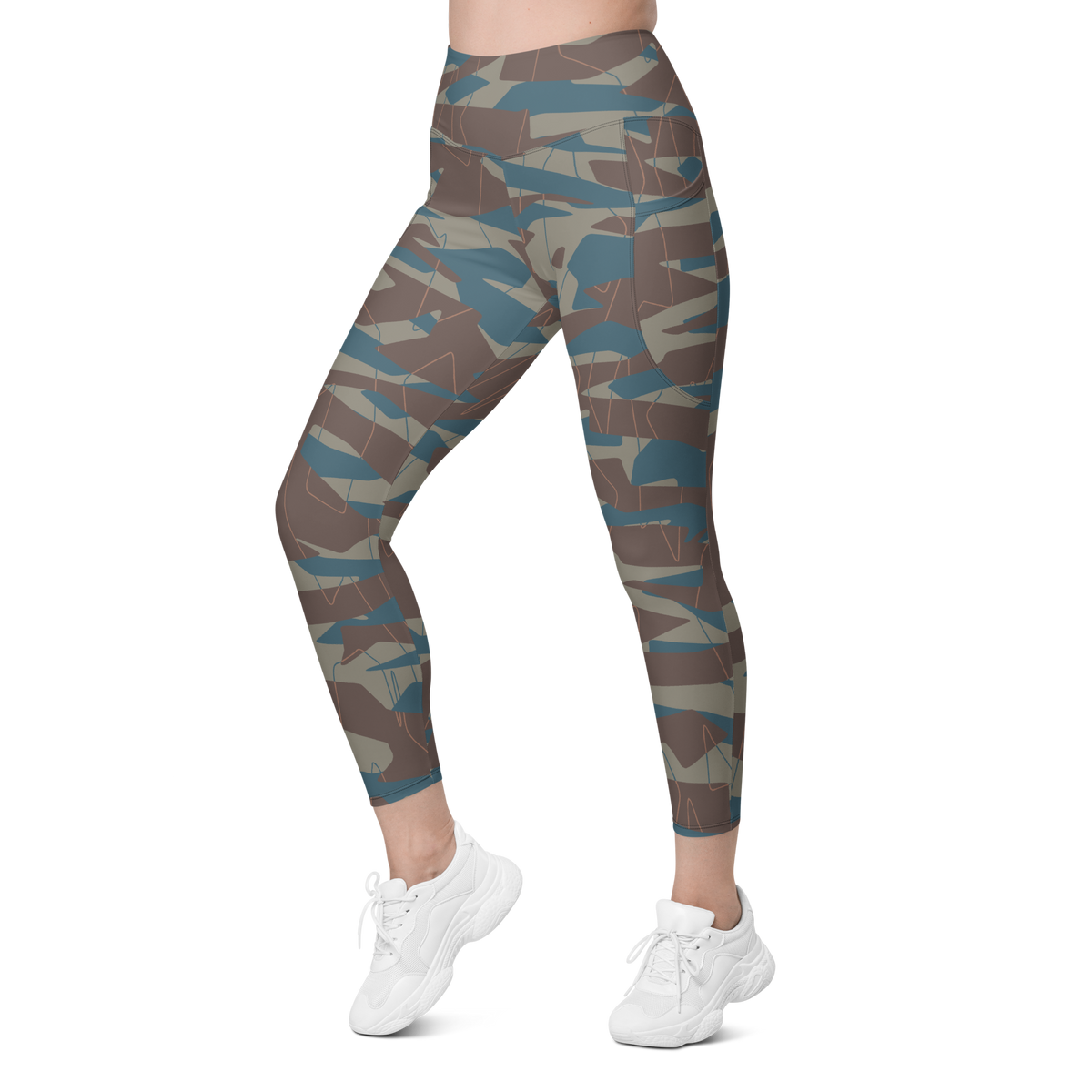 Timbre Subtle Contrasts camouflage high-waisted pocket leggings, left-front view.