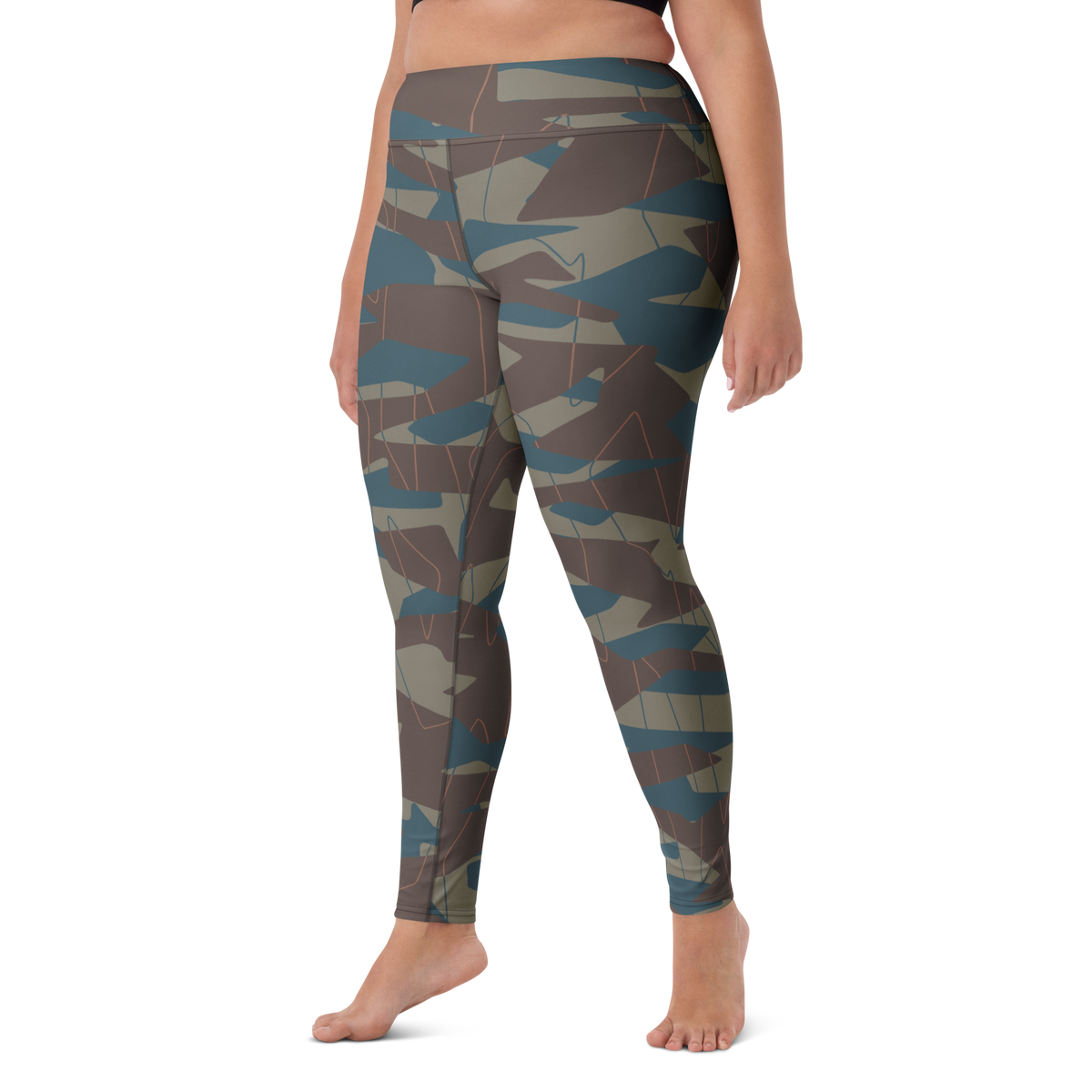 Timbre Subtle Contrasts camouflage high-waisted yoga leggings, larger-model left-front view.