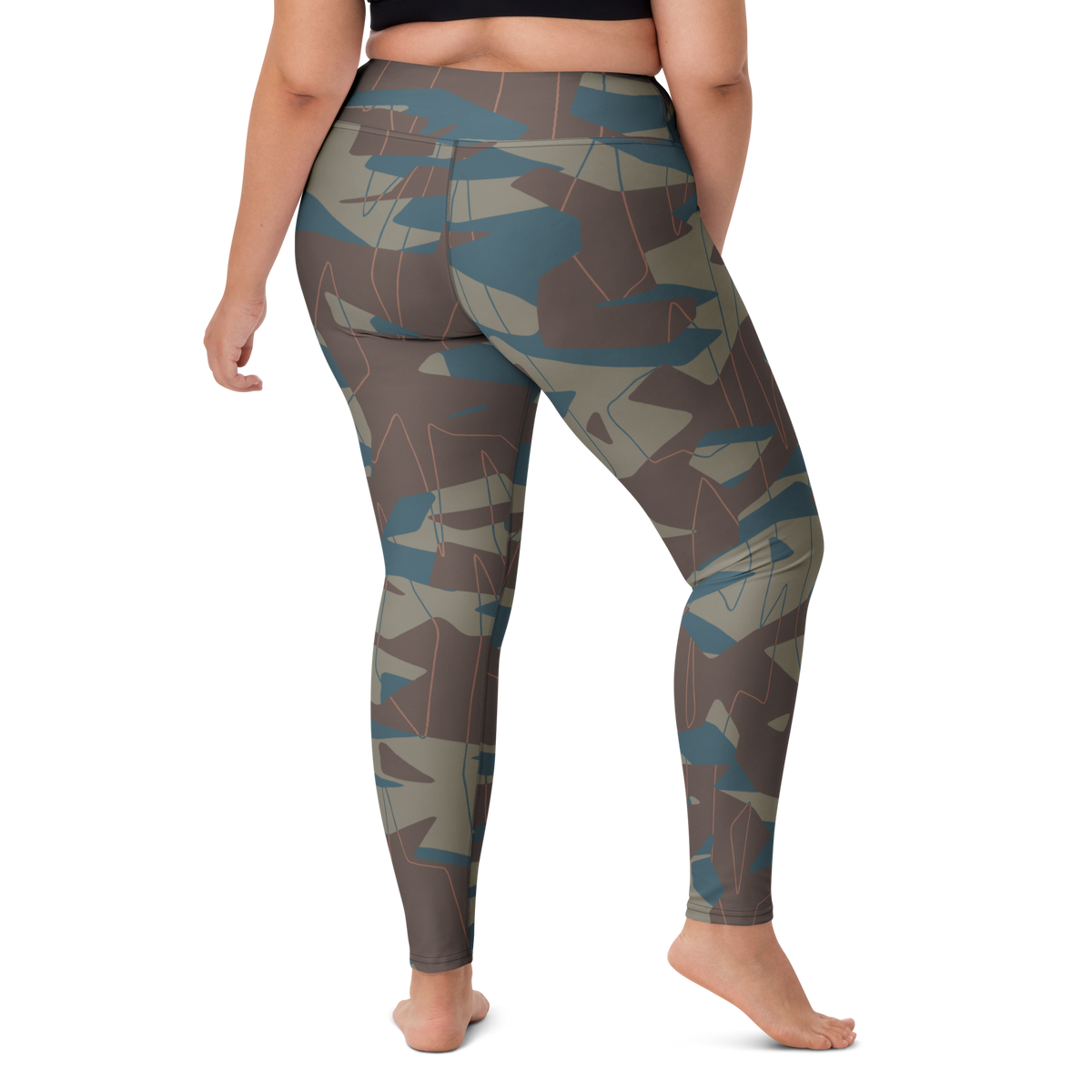 Timbre Subtle Contrasts camouflage high-waisted yoga leggings, larger-model right-back view.
