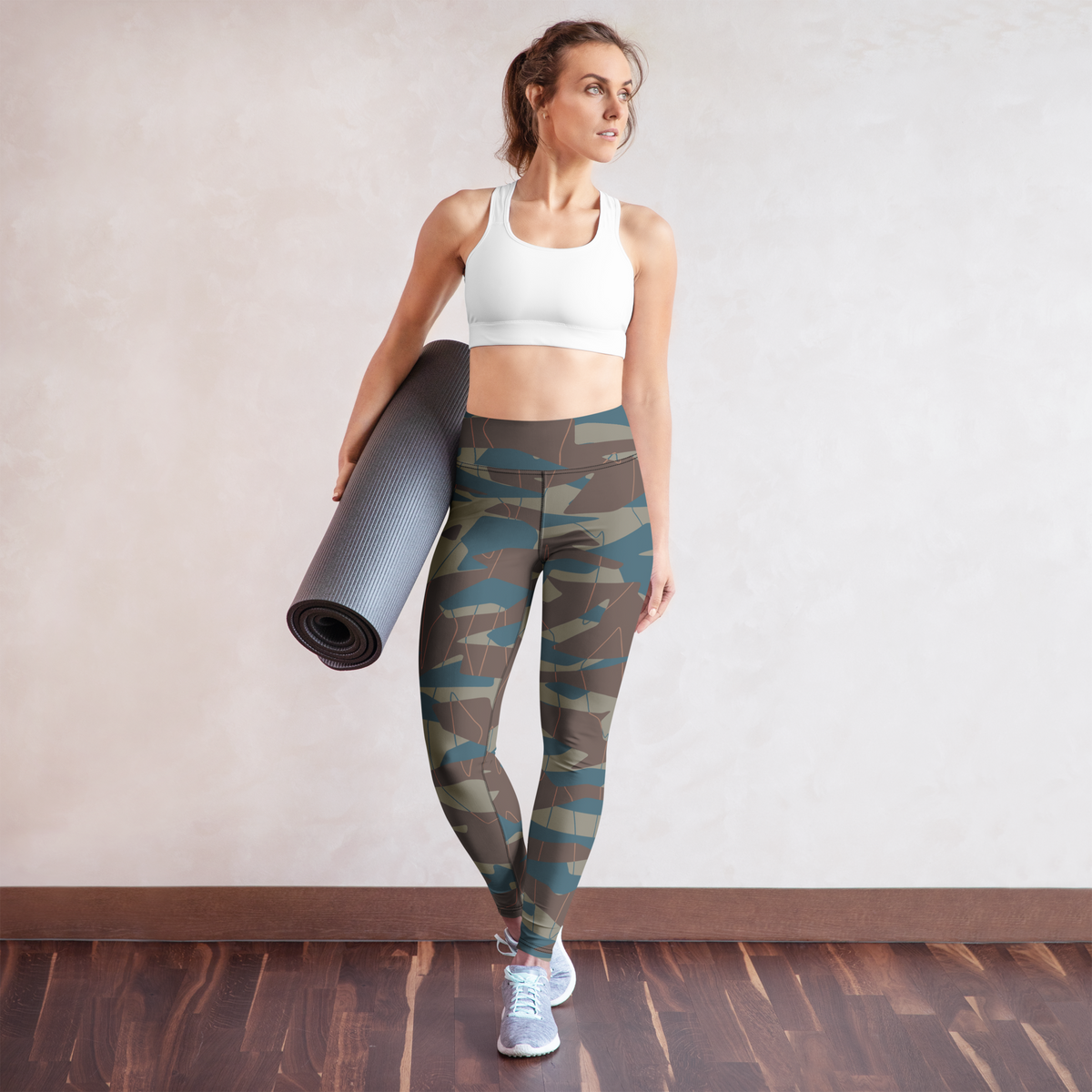 Timbre Subtle Contrasts camouflage high-waisted yoga leggings, yoga lifestyle view.
